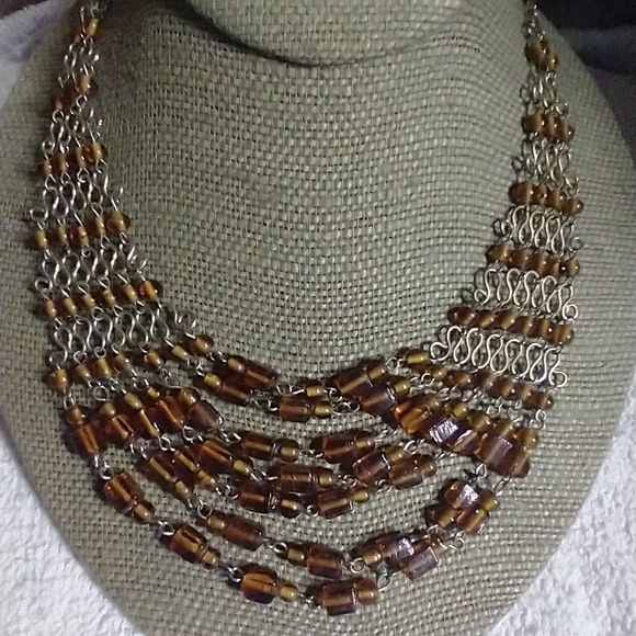 Vintage Jewelry - Goldtone amber color beaded wire work 7 row necklace